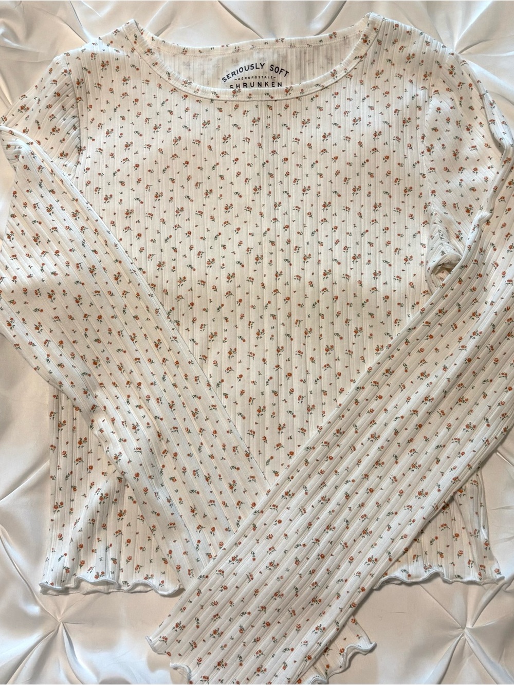 Aeropostale Seriously Soft Shrunken Tee Ribbed Floral Long Sleeve Top, Size M